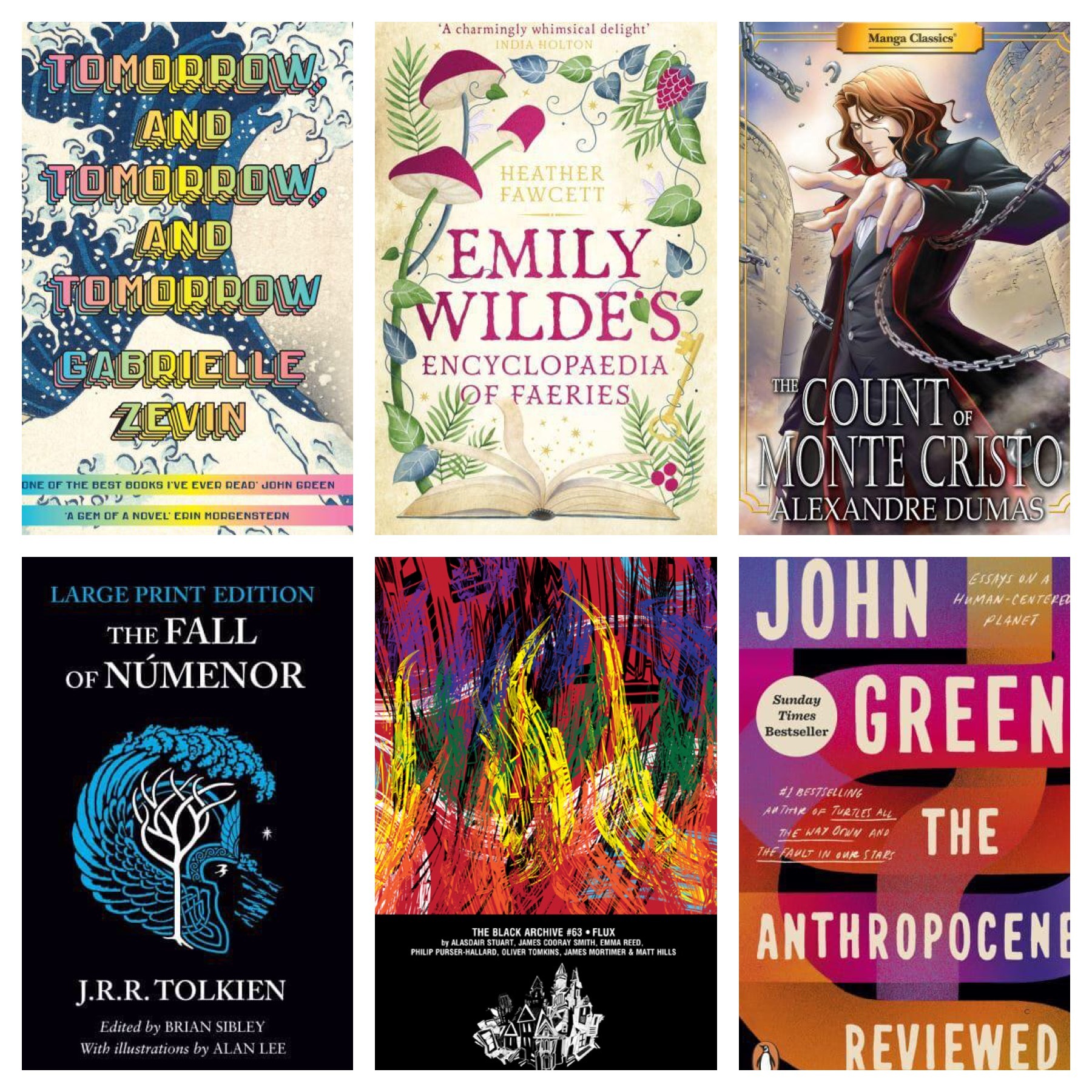 A grid of 6 book covers, 3 on the top, 3 below. Tomorrow etc. has bold text against a famous Japanese style wave backdrop image. Emily Wilde’s Faeries book shows a book open and brightly coloured plants and fruits twining around the page. The manga Monte Cristo book shows a striking male figure in front of a looming castle backdrop. On the bottom row the Numenor book has a mainly black cover with what looks like the great destructive wave in blue and a tree image. The Flux Doctor Who book cover is mainly a brightly multi coloured mix of coloured flames and thread like things. And John Green’s book has a vibrant red, orange and purple cover.