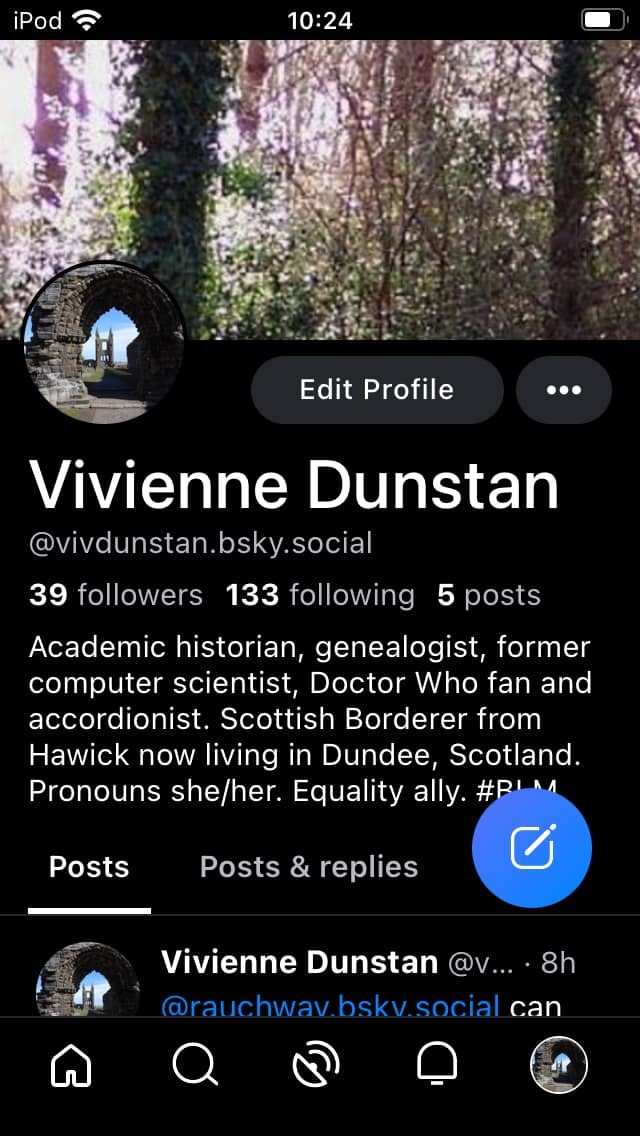 Bluesky profile page for me. Including a short bio, numbers of followers etc. Avatar photo of St Andrews Cathedral and a cover photo of a wood.
