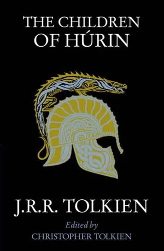 The Children of Hurin book cover Cover of The Children of Hurin by JRR Tolkien edited by Christopher Tolkien. It shows a yellow/gold horned helmet plus dragon against a black background.