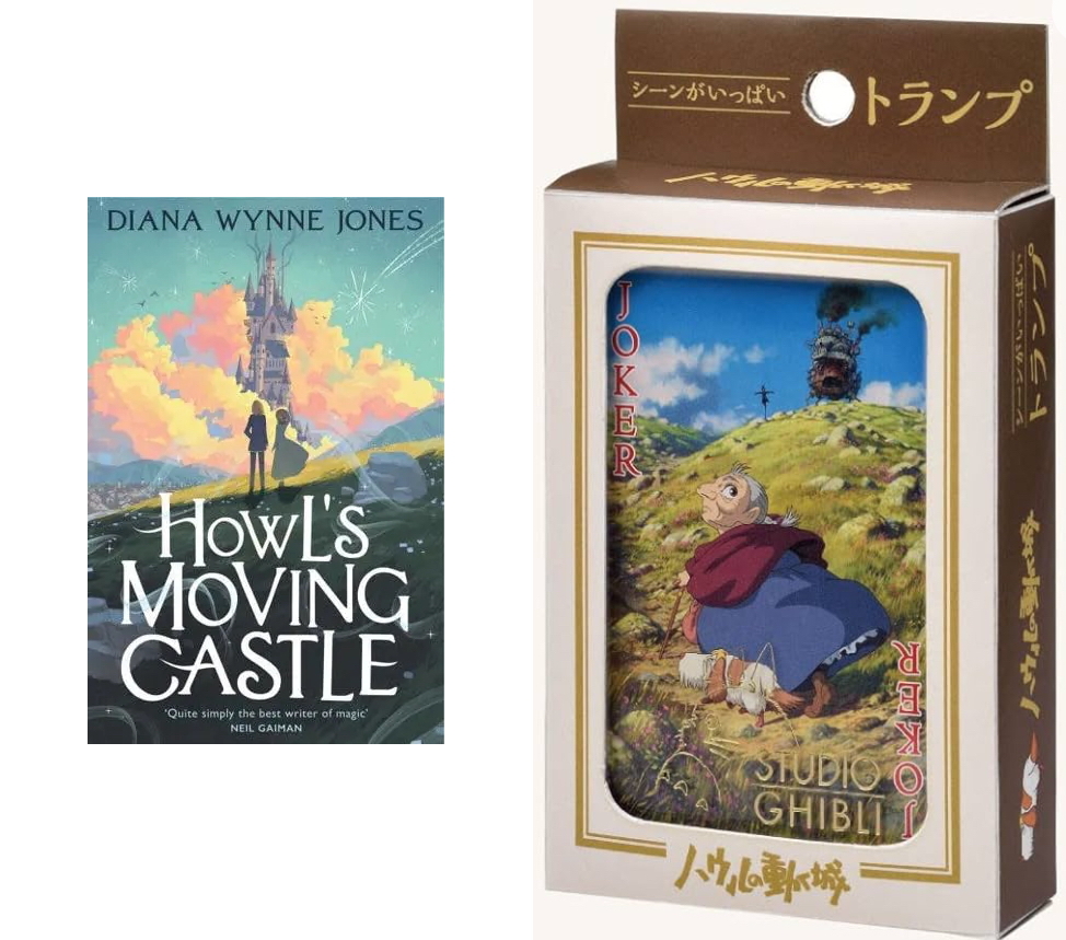 The book cover features two figures in a landscape looking towards a castle in the distance. The playing cards box shows a still from the movie, showing an old woman against a landscape with an ominous castle behind.