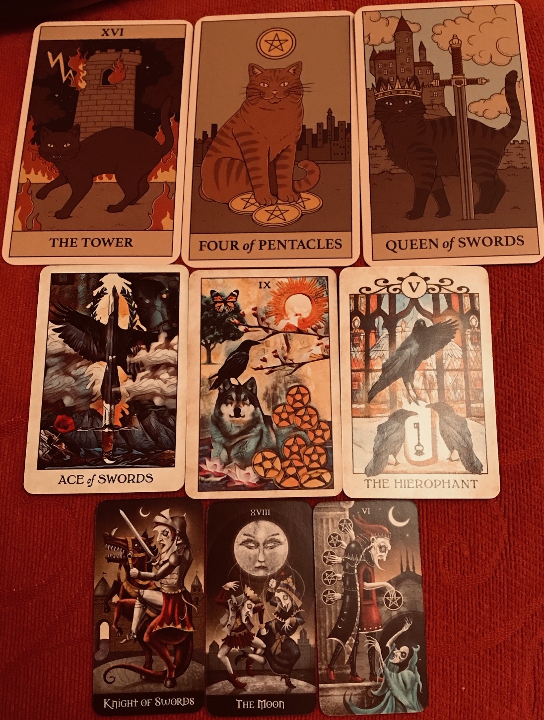 At the top are quite large cat art cards, in the middle are smaller cards with crow themed art. And at the very bottom tiny cards with Hieronymus Bosch style art.