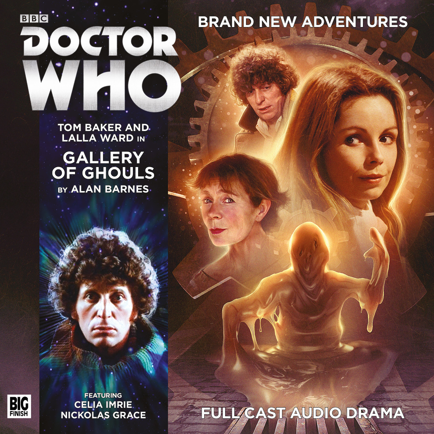The main image is an orange-tinged one, featuring Tom Baker's Fourth Doctor, Lalla Ward's Romana II, Celia Imrie's character, and a disturbing waxy figure at the bottom. All against a backdrop of cogs and wheels.
